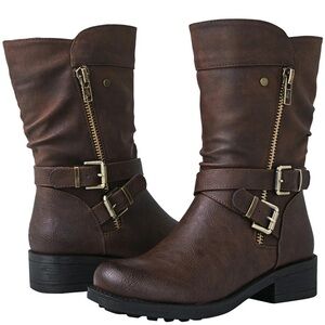 Global Win Dark Brown Combat Boots with Buckle Detail